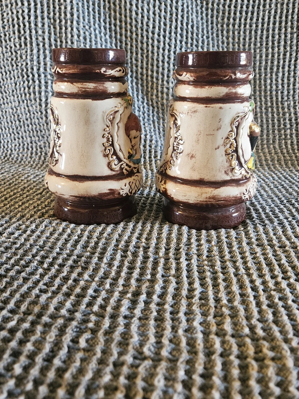 Ceramic Decorative Beer Stein Pair - Brown and Cream
